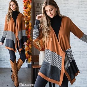 B41W🤎🖤New! Gorgeous tobacco+ black open front cardigan w/black+gray accents!